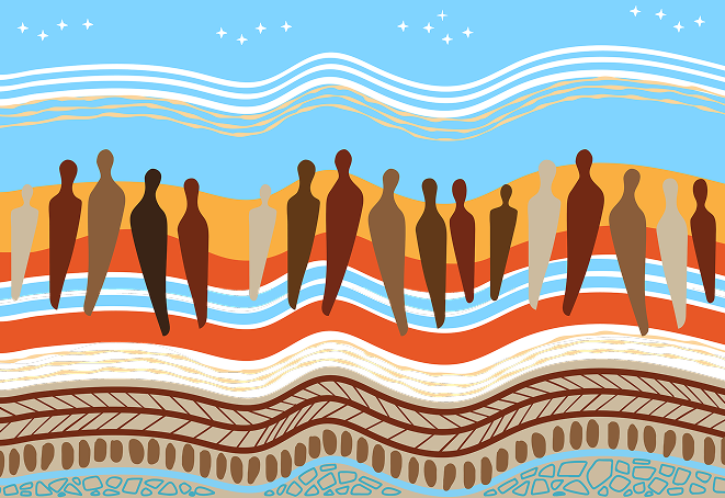 Abstract illustration of diverse silhouettes standing along colorful, wavy layers beneath a blue sky, symbolizing community and unity.
