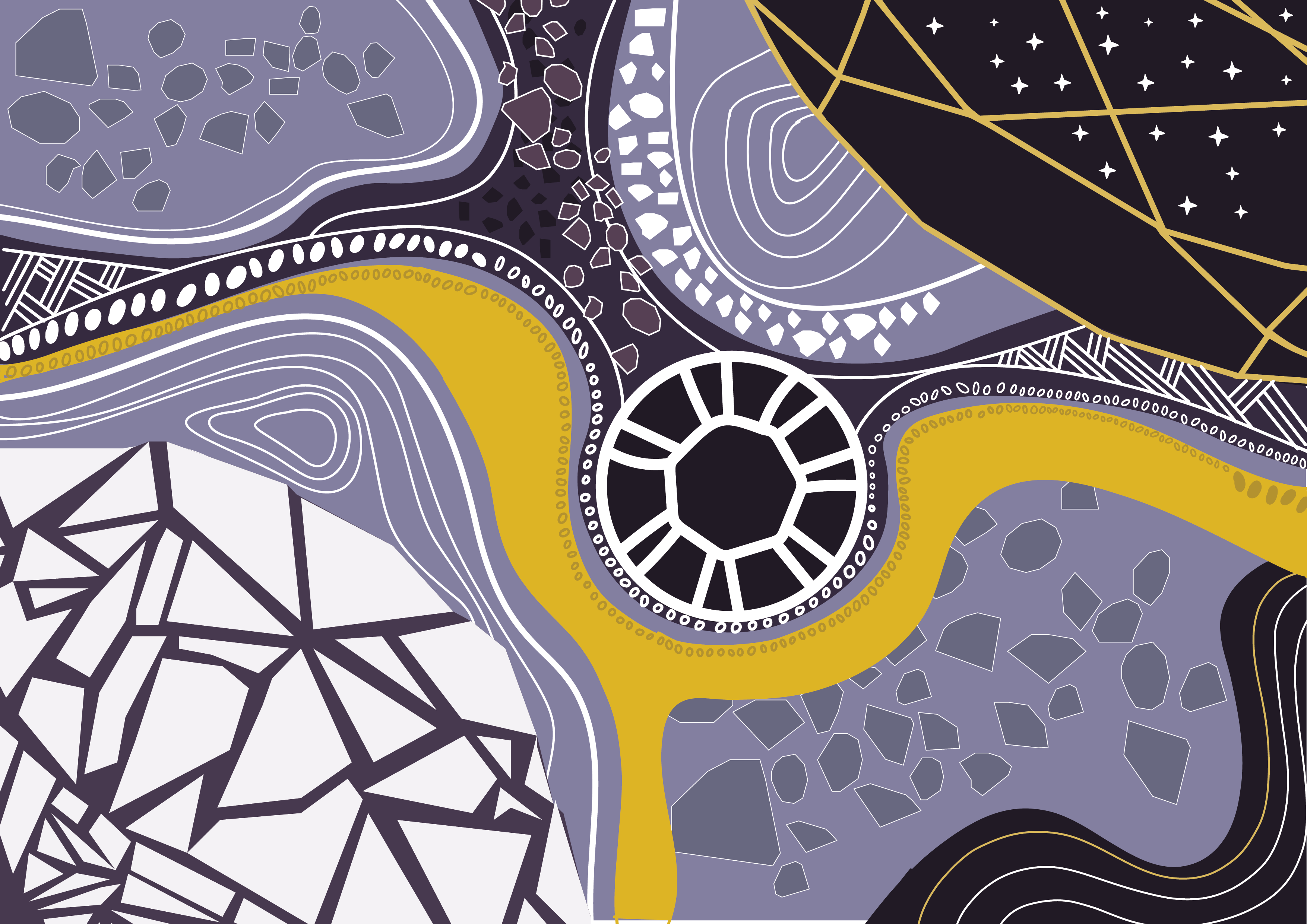 Abstract geometric pattern with wavy bands, polygons, and star-like shapes in purple, black, white, and gold.