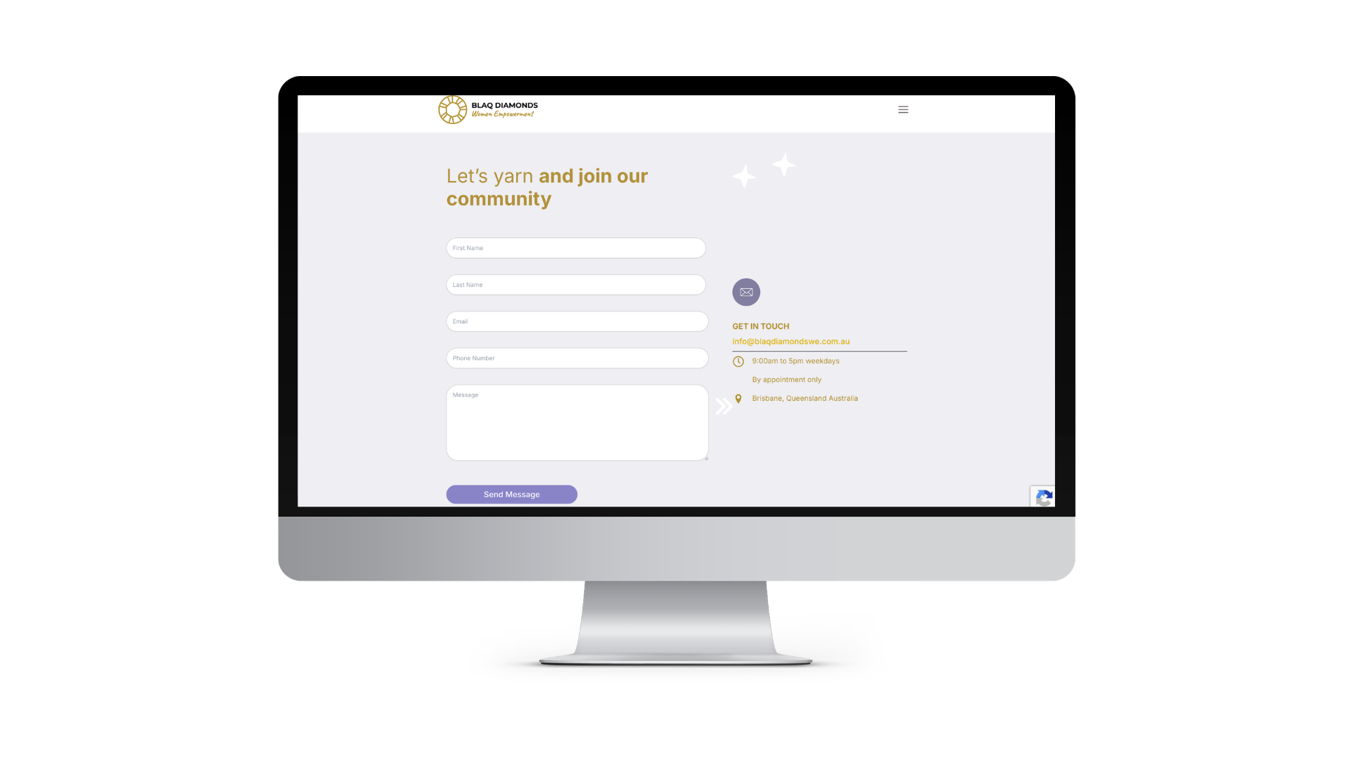 Desktop view of a contact form page titled 'Let's yarn and join our community' with fields for first name, last name, email, phone, and message; contact info on the right.