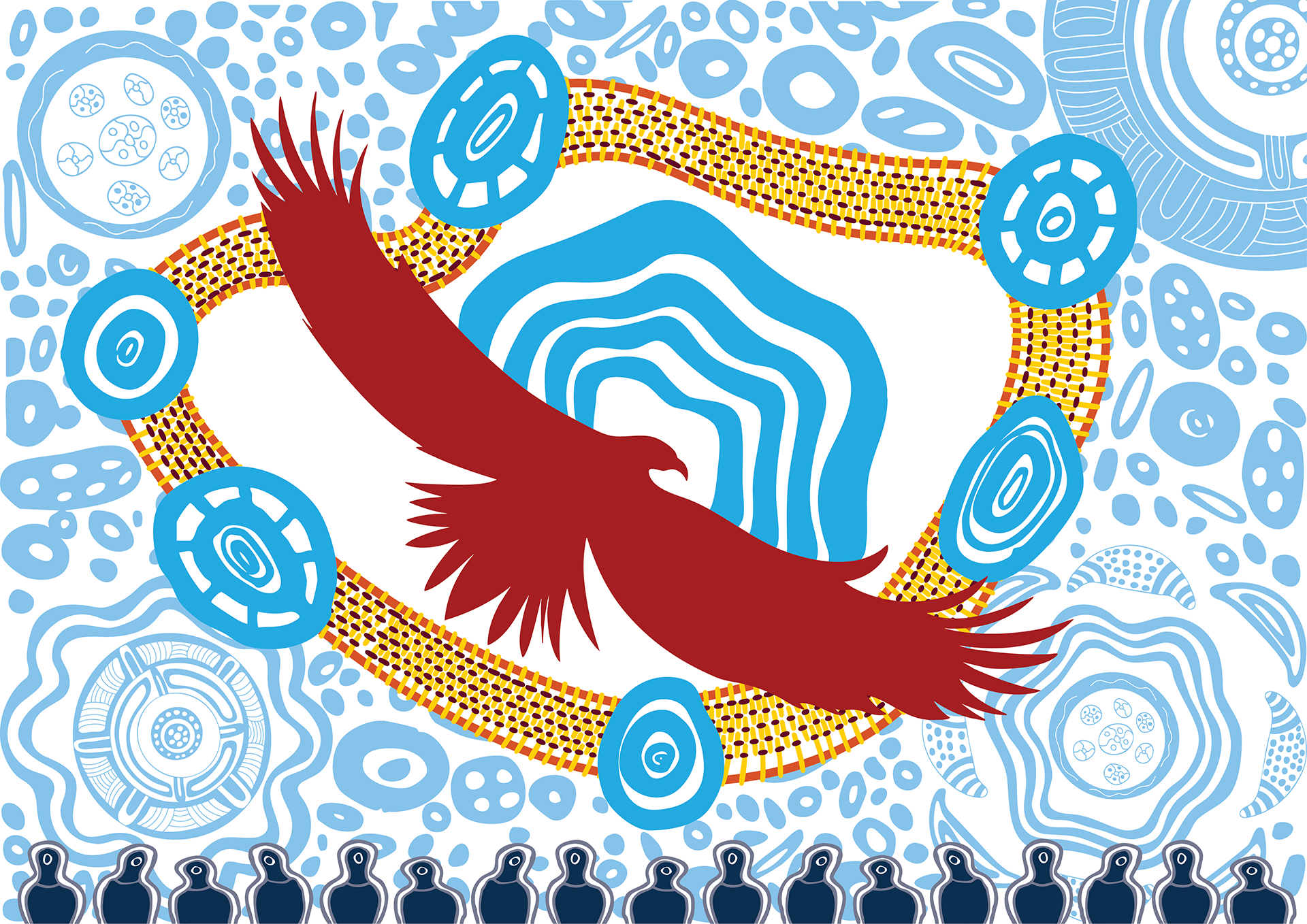 Abstract artwork with a red bird in flight over a gold lattice ribbon and blue circular motifs against a blue patterned background.