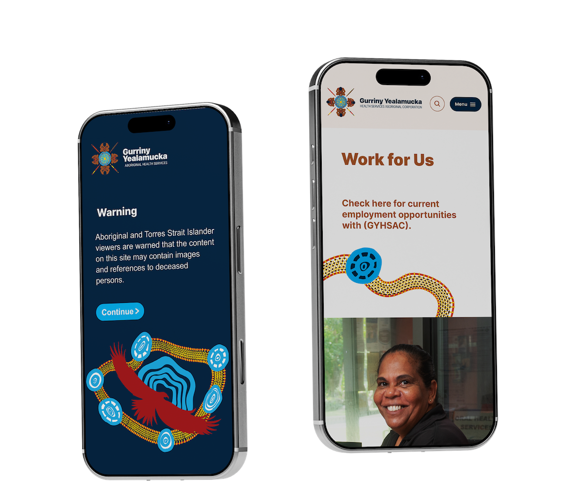 Two smartphones show different pages of an Aboriginal health services site: left screen displays a dark blue warning page with 'Warning' and a 'Continue' button, right screen shows a 'Work for Us' page with a smiling woman photo at the bottom.