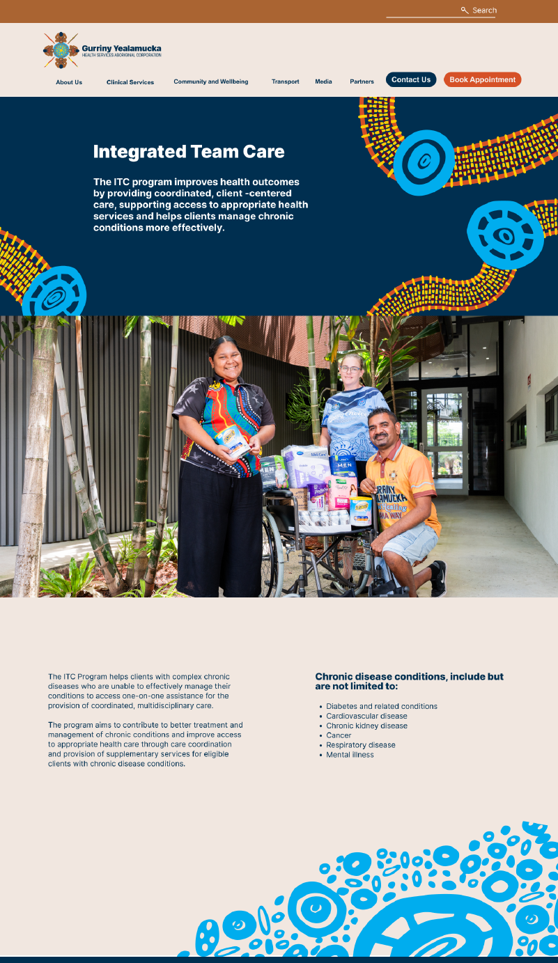 Homepage hero for a health services site: a dark blue panel with the heading 'Integrated Team Care' and decorative circular graphics, followed by a photo of three people with a wheelchair and care supplies outside a building.
