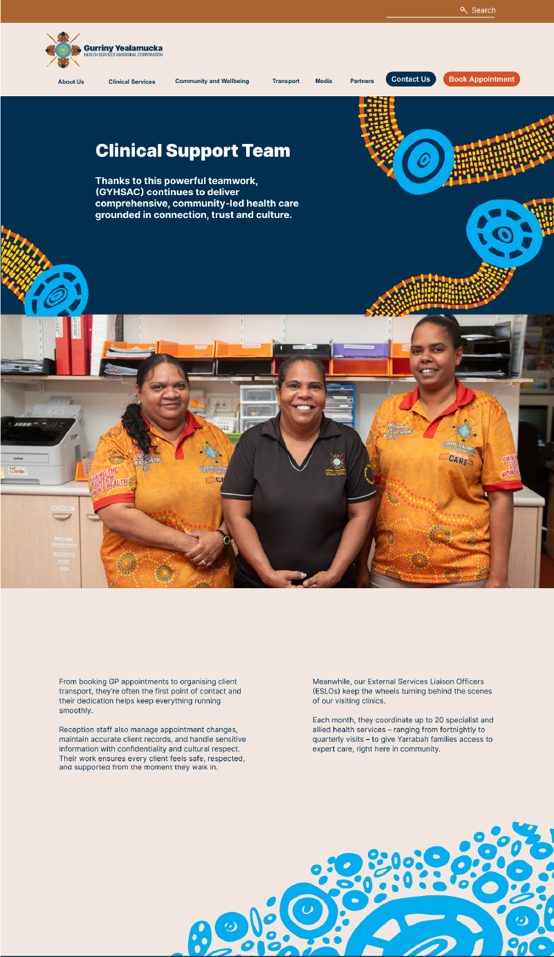 Three healthcare workers in orange uniforms smile for a group photo in a clinic, with a dark blue banner reading 'Clinical Support Team' and colorful decorative patterns nearby.