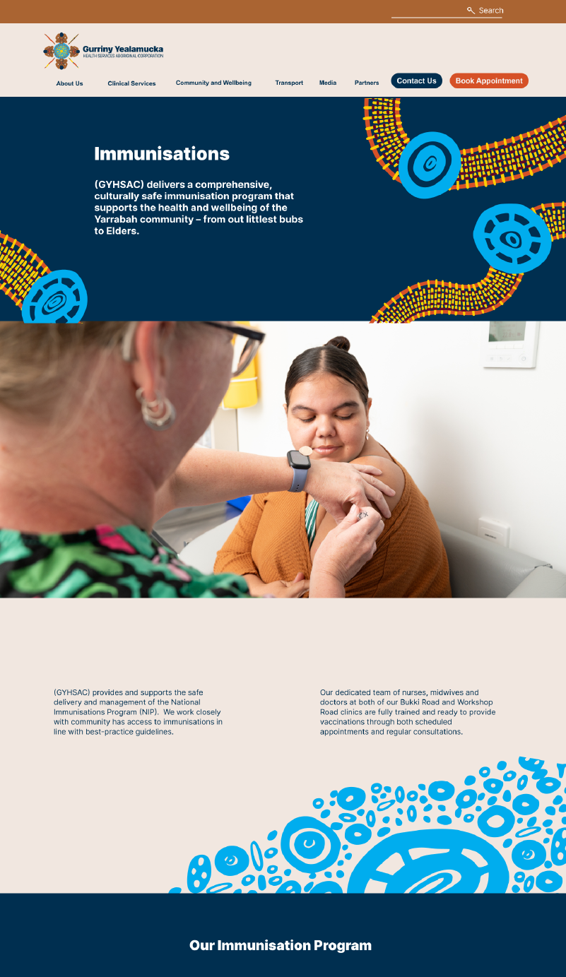 Nurse administers a vaccine to a patient in a clinic, with a bold immunisations banner in the background