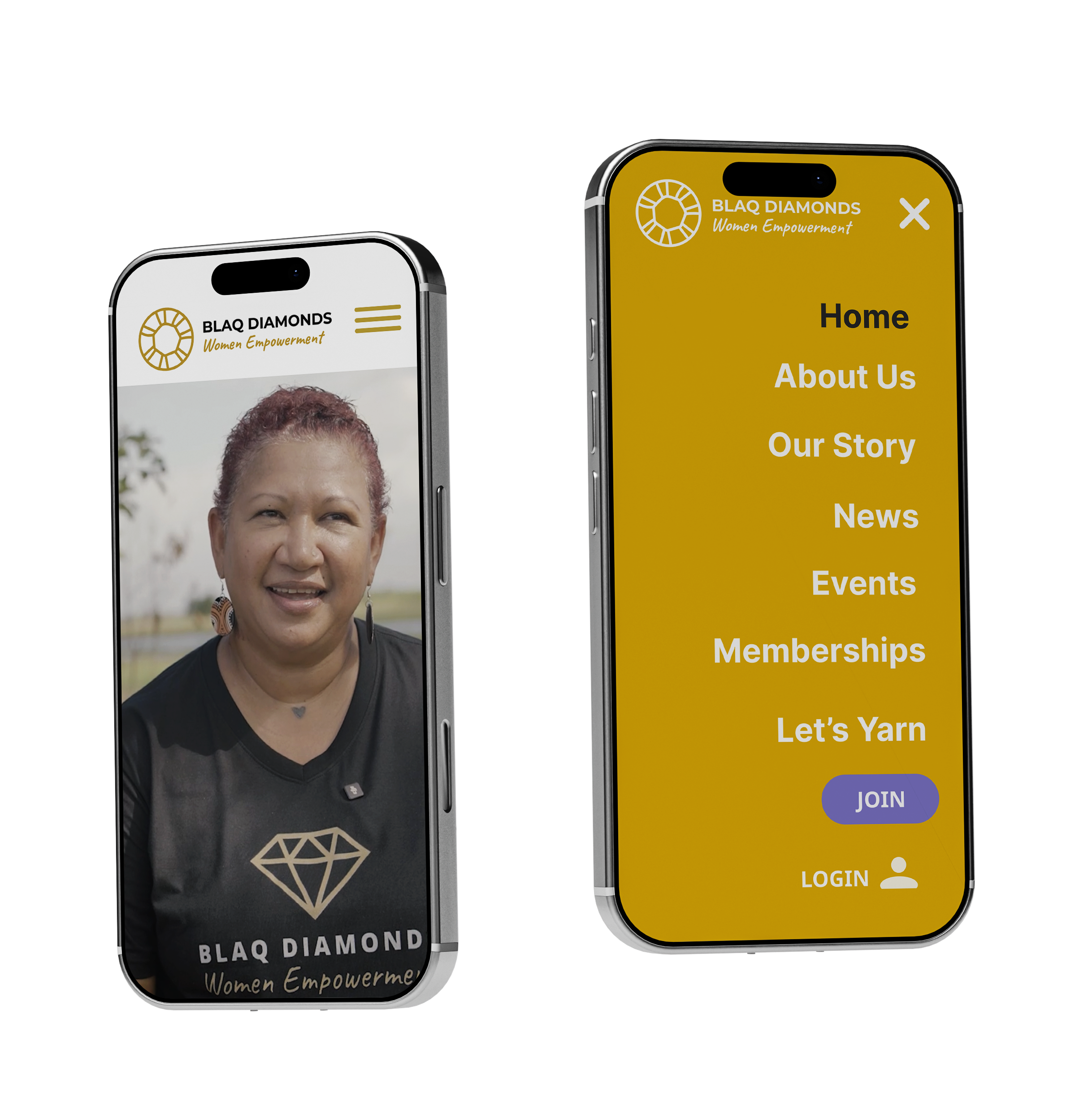 Two smartphones side by side showcasing Blaq Diamonds branding: left screen shows a portrait of a smiling woman with logo; right screen shows a yellow app screen with menu items and a Join button