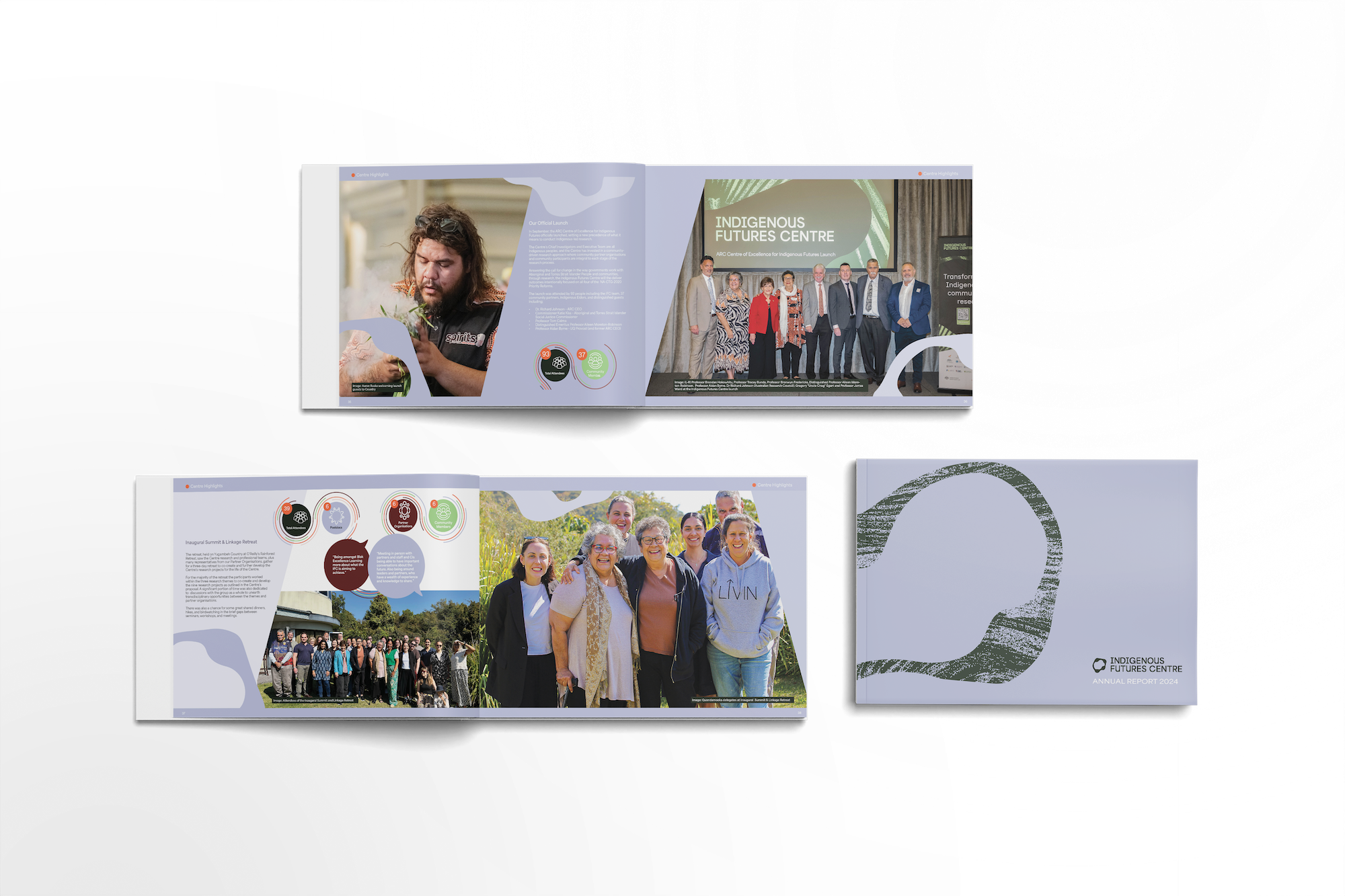 Open two-page magazine spread: left page shows a man examining plants, right page features a group photo beside the 'Indigenous Futures Centre' title.
