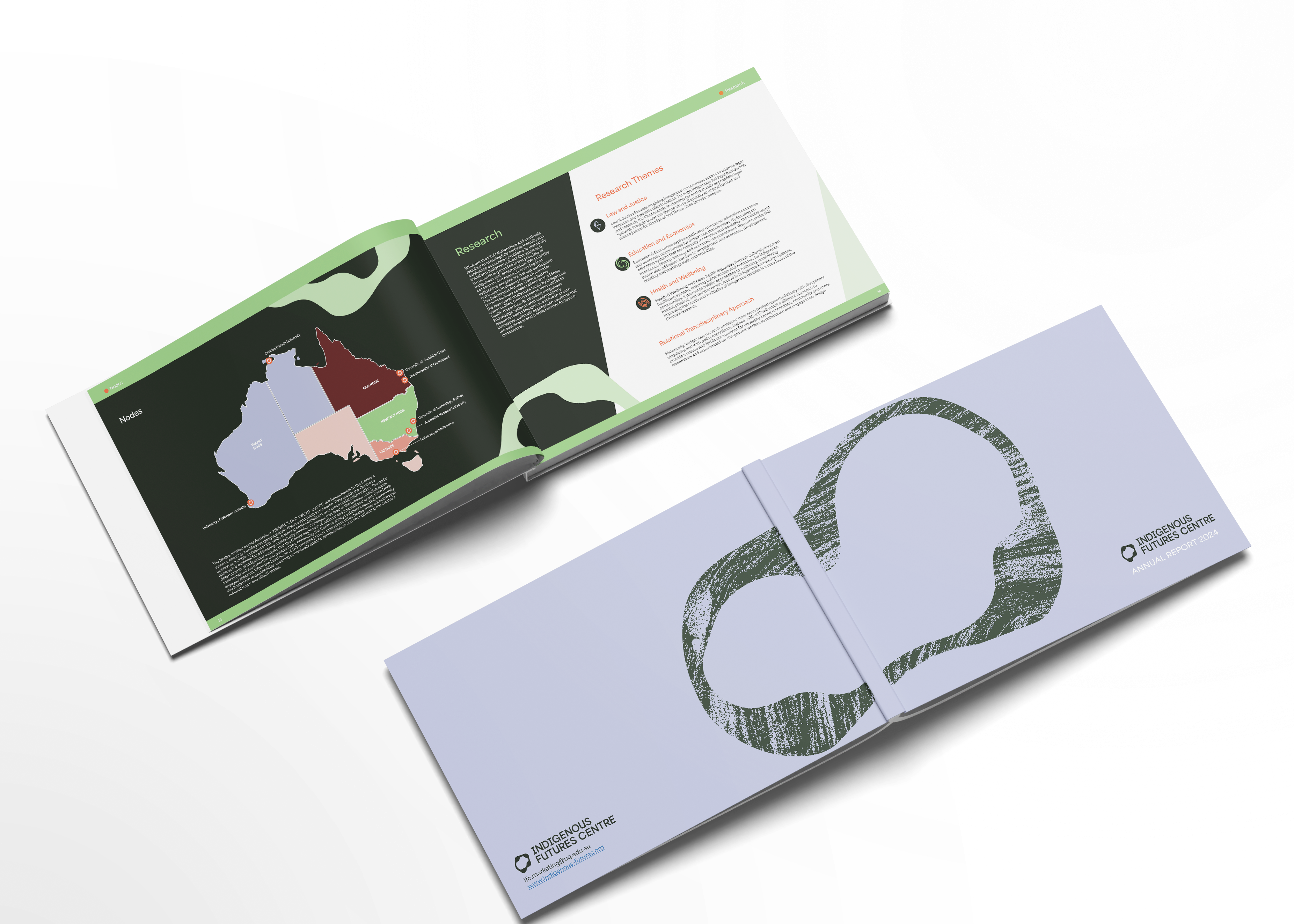 Angled, open brochure showing map and text pages with a green border accents.