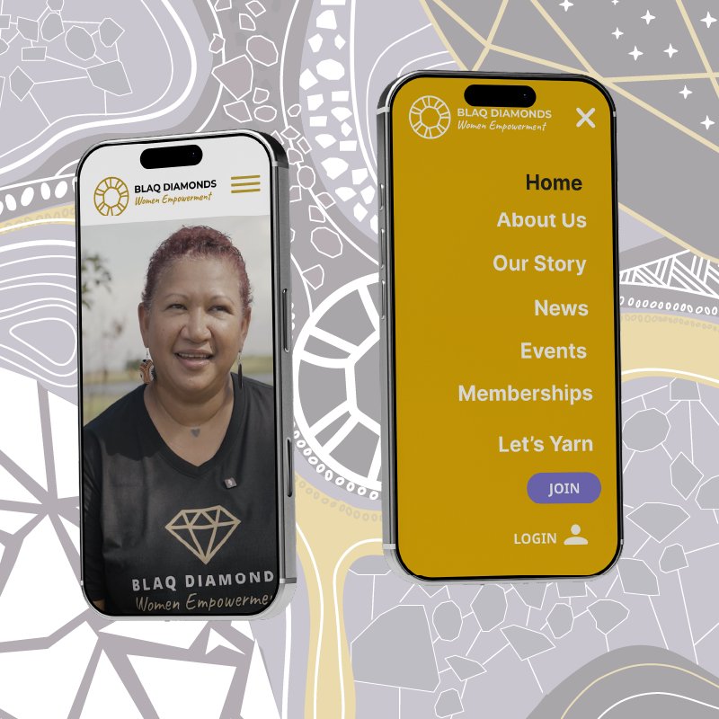 Two smartphones on a decorative background display the BLAQ DIAMONDS app: left screen shows a smiling woman portrait with branding, right screen shows a yellow navigation menu with Home, About Us, Our Story, News, Events, Memberships, Let's Yarn and a JOIN button.