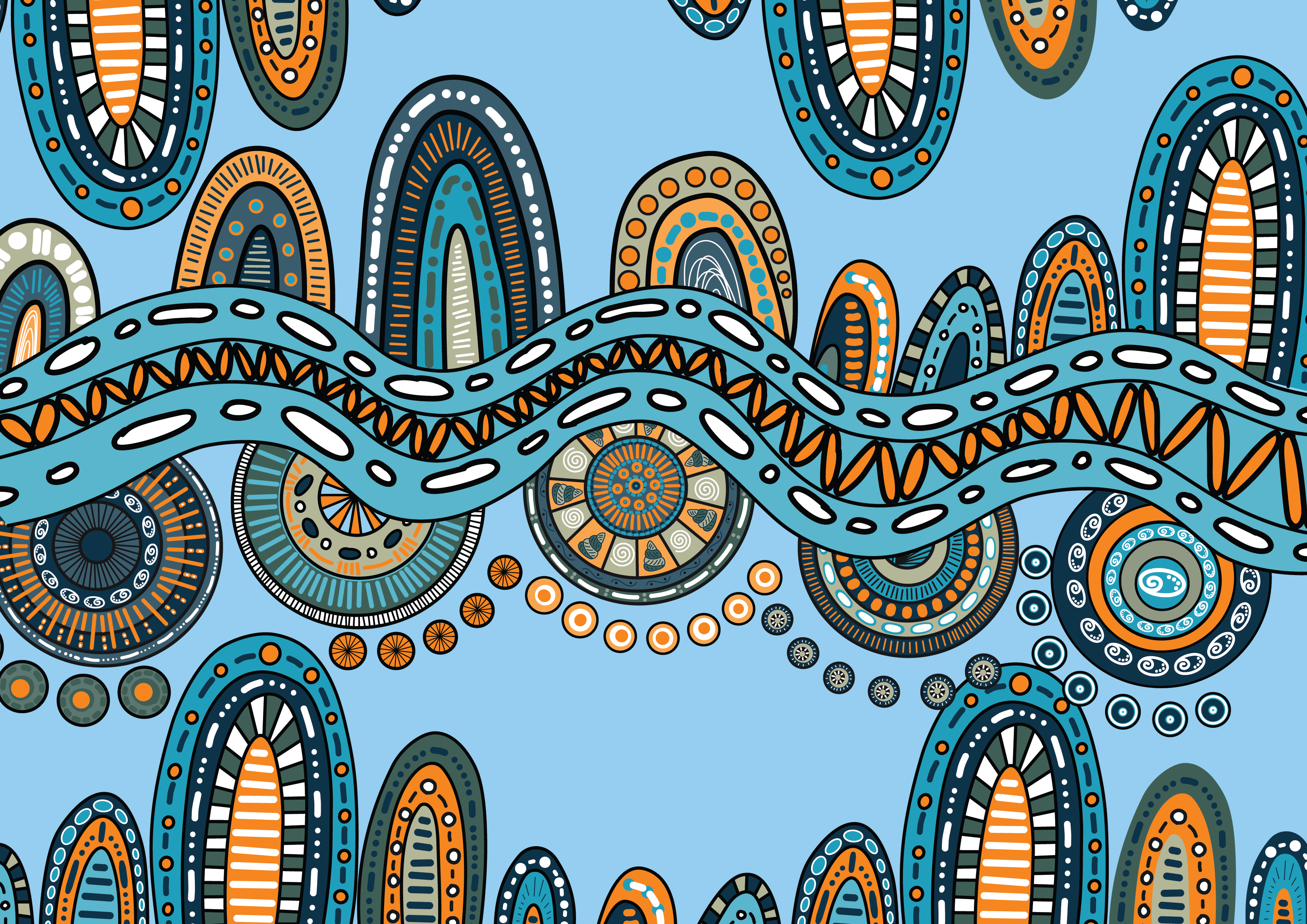 Abstract landscape of patterned, arch-shaped hills in teal, orange, and blue on a light blue background.