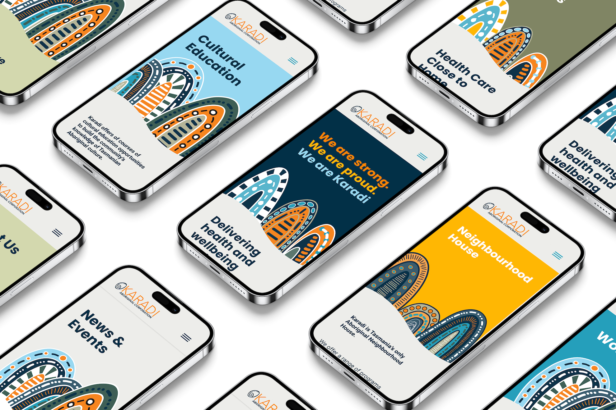 Multiple smartphones display Karadi Aboriginal Corporation app screens with colorful indigenous patterns and headings like 'Cultural Education' and 'News & Events.'