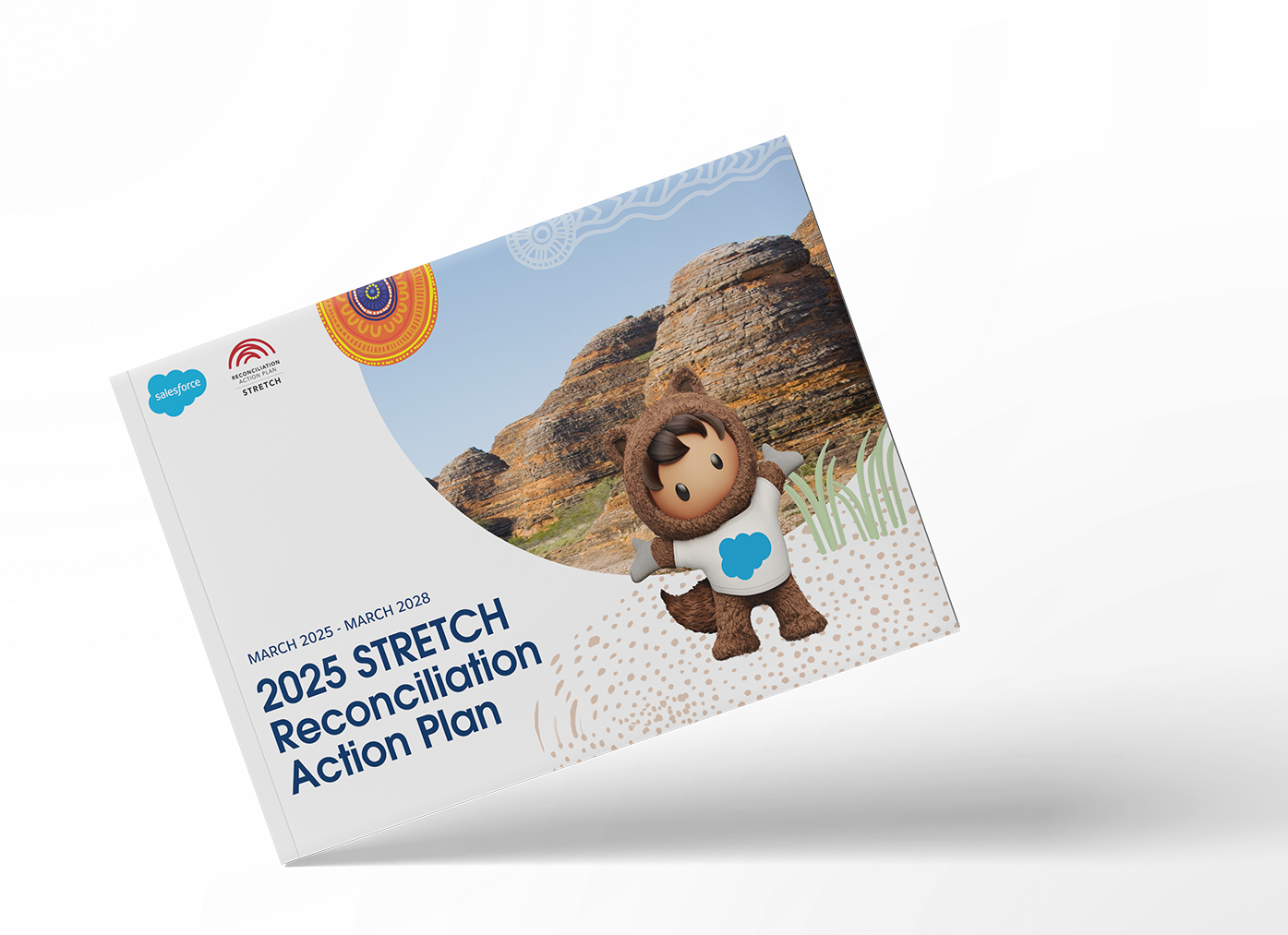 Cover of the 2025 Stretch Reconciliation Action Plan brochure, with Salesforce logos and a mascot in a rocky desert scene.