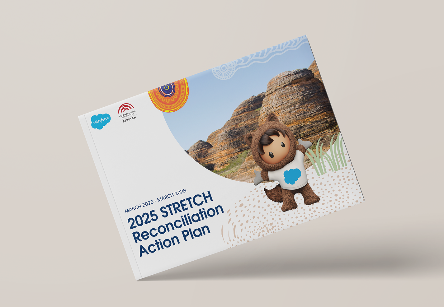 Cover of the 2025 STRETCH Reconciliation Action Plan brochure, showing dates March 2025–March 2028, logos, and a mascot by rocks.
