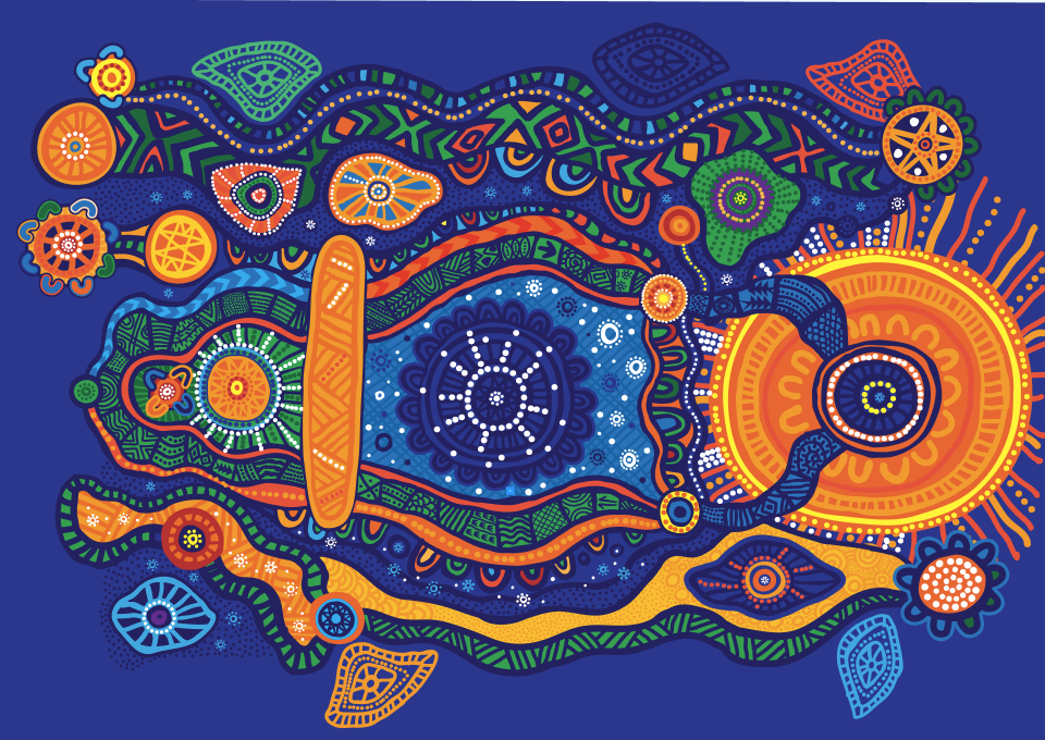 Abstract, vibrant artwork with swirling ribbons and circular motifs in blue, orange, green on a navy background.