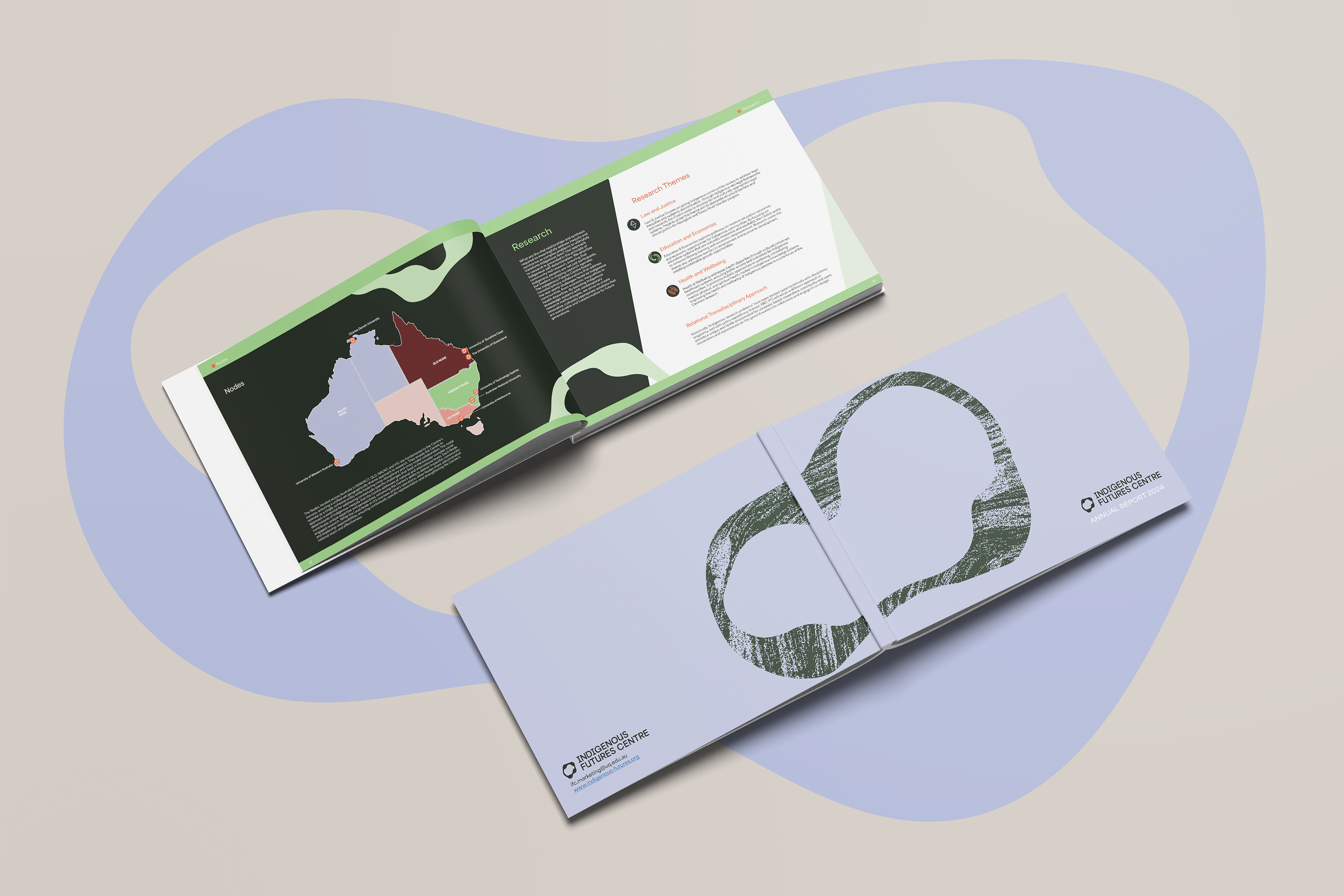 Open, angled book spread with a map on the left page and a white page titled 'Research Themes' on the right, bordered in green.