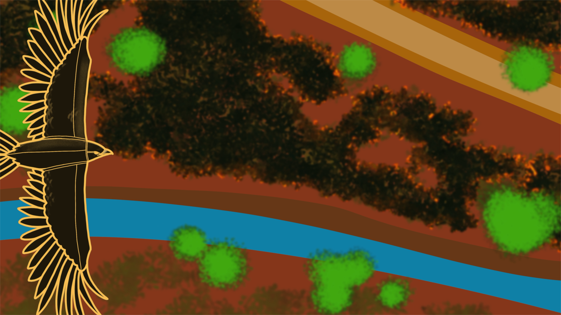 Decorative abstract banner with a gold-outlined bird silhouette on the left, brown-orange background, green splotches, and blue curved bands.